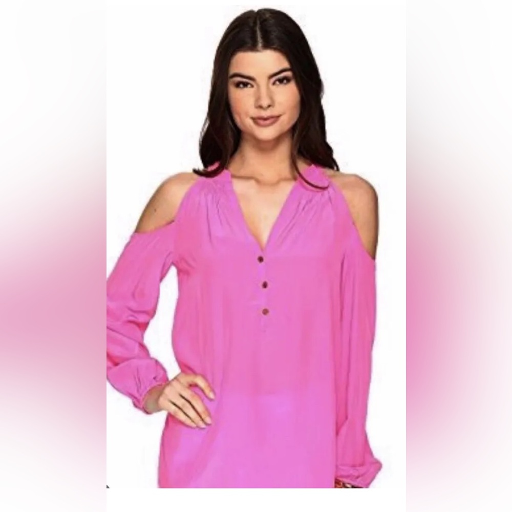 Lilly Pulitzer Sunny Cold Shoulder Tiki Pink Silk Blouse L